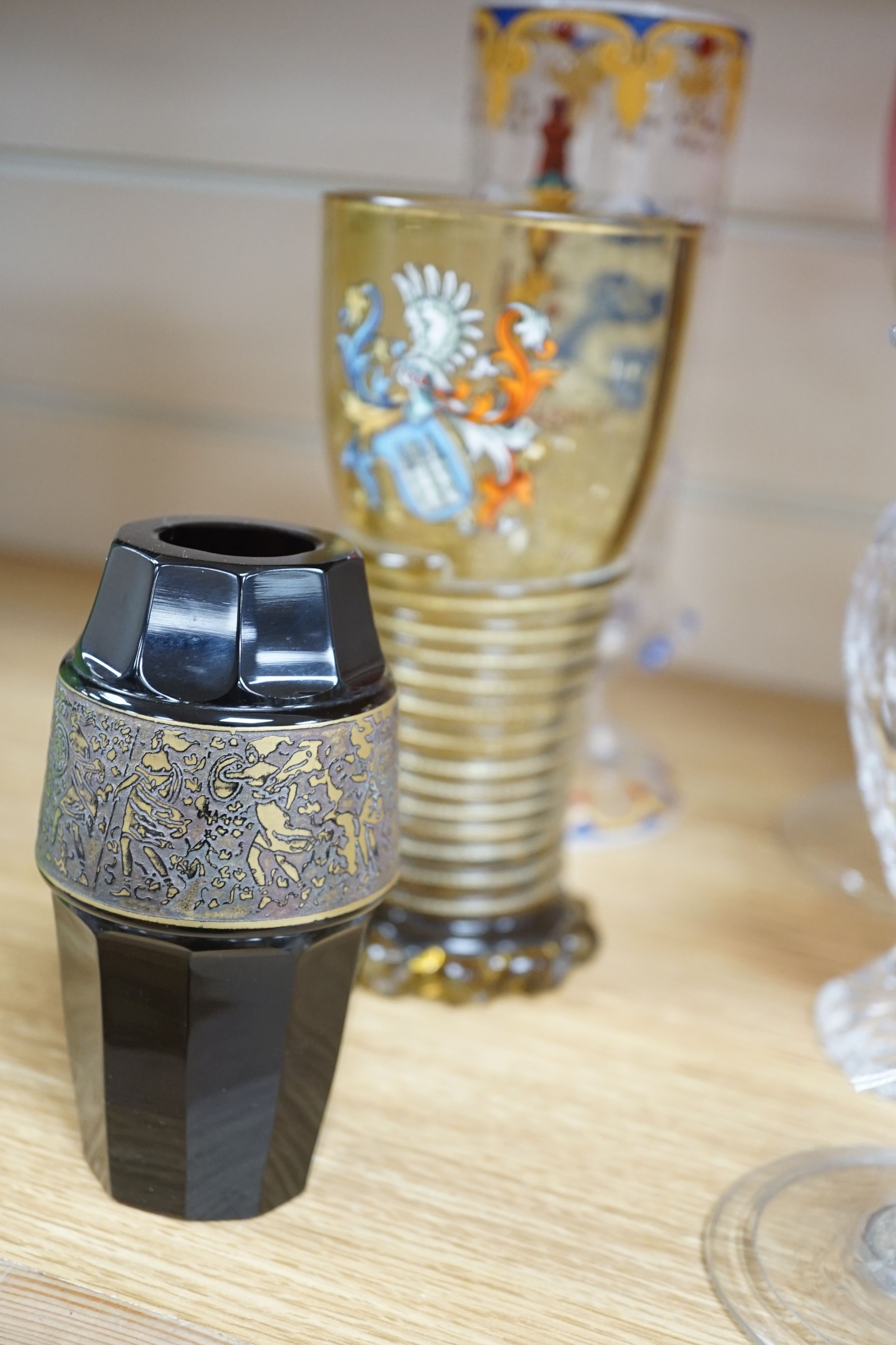 A wheel engraved Bohemian blue and yellow glass goblet, a similar gilded beaker in the manner of Anton Kothgasser, other bohemian cut glass, Moser, an 18th century Dutch soda glass, etc